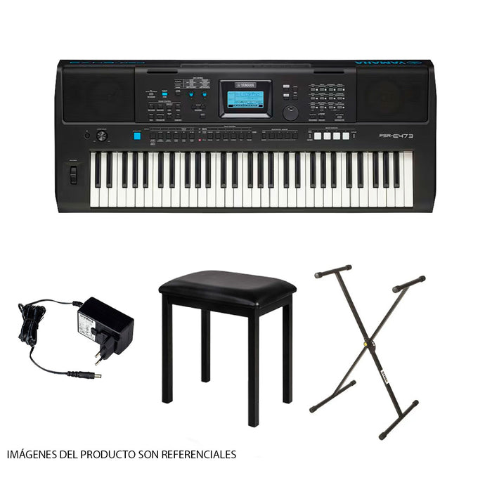 Pack de Teclado Yamaha PSR-E473 (INCLUYE ADAPTADOR YAMAHA, SOPORTE STRIX Y BANQUETA NUX)