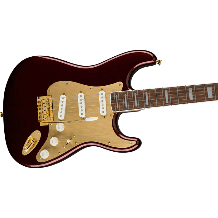 Guitarra Eléctrica Squier 40th Anniversary Stratocaster, Gold Edition con mástil de maple - Ruby Red Metallic
