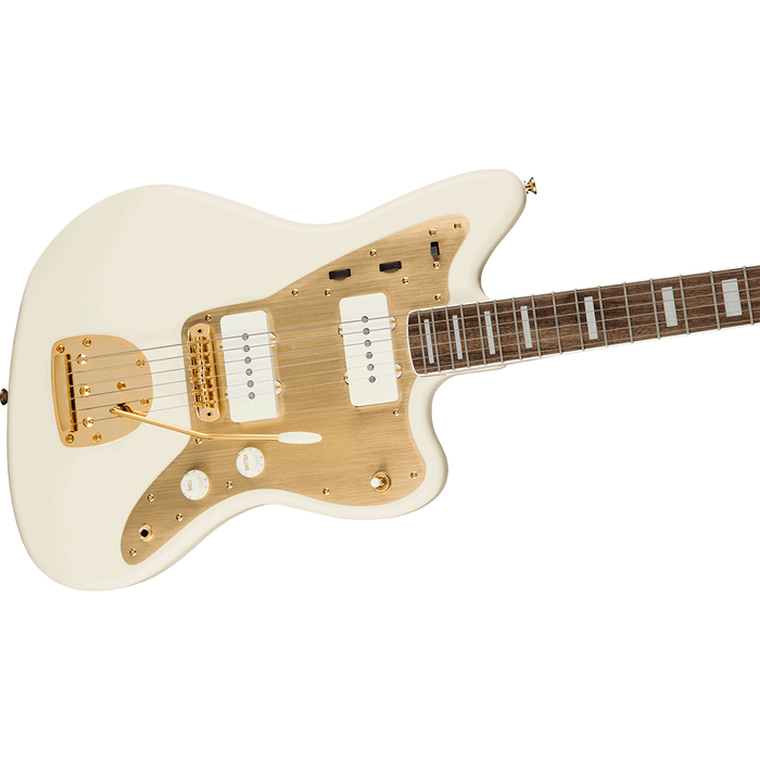 Guitarra Eléctrica Squier 40th Anniversary Jazzmaster, Gold Edition con mástil de laurel - Olympic White