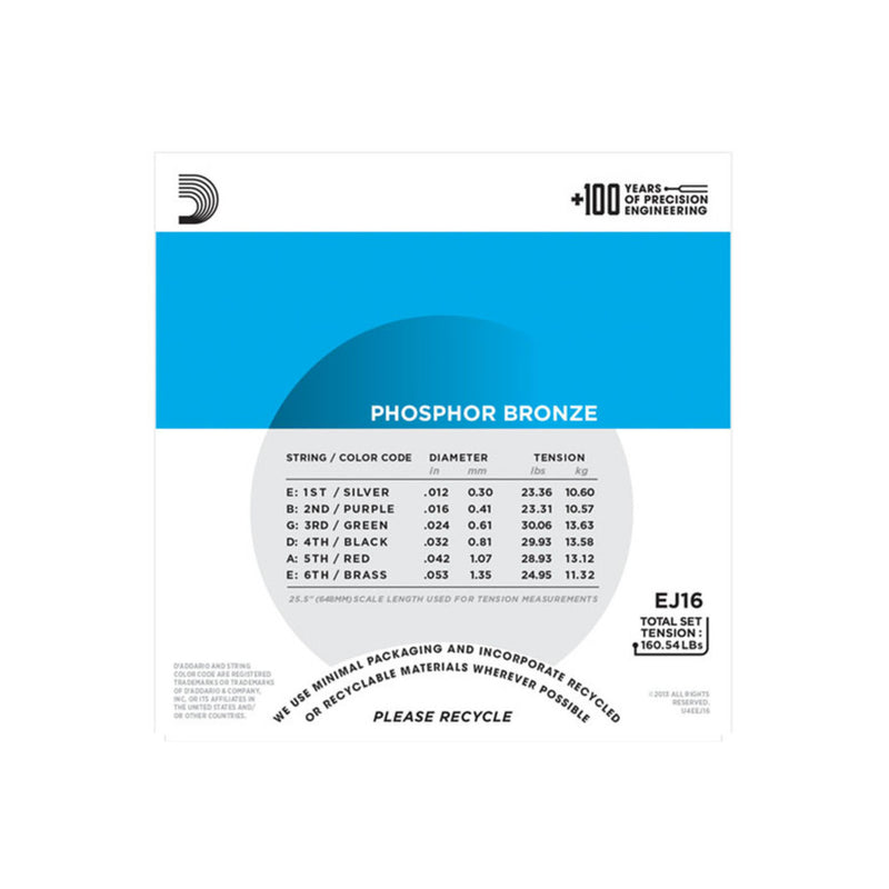 Cuerdas D'Addario para Guitarra Acústica EJ16 Phosphor Bronze Calibre 0.012 - 0.053