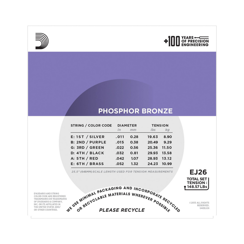 Cuerdas D'Addario para Guitarra Acústica EJ26 Phosphor Bronze Calibre 0.011 - 0.052