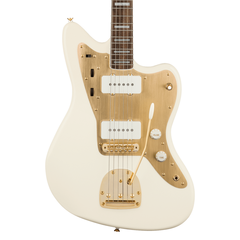 Guitarra Eléctrica Squier 40th Anniversary Jazzmaster, Gold Edition con mástil de laurel - Olympic White
